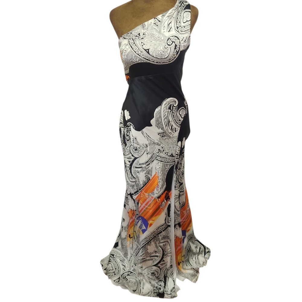 Mary L Couture Dress Maxi Size 2 Silk Gown One Shoulder Abstract Print Slit Side